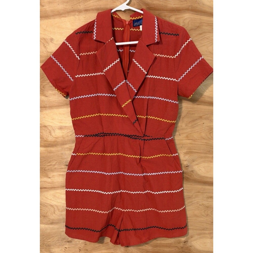 NWT Blue Rain Woman Med red chevron striped short sleeve shirt romper Pockets